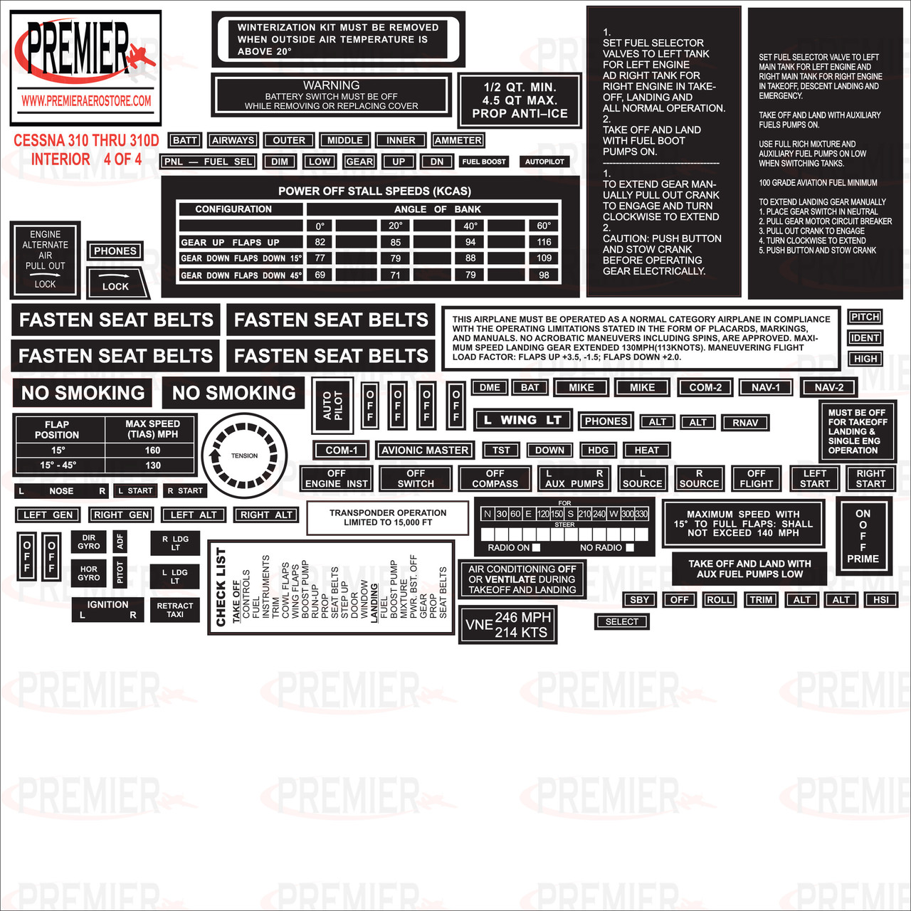 CESSNA 310, 310A, 310B, 310C, 310D Interior Decal Kit 61013