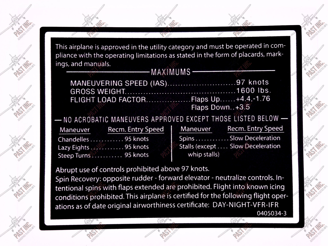 60151 OPERATIONAL LIMITATIONS DECAL FOR CESSNA PART P0414010-20 Headliner