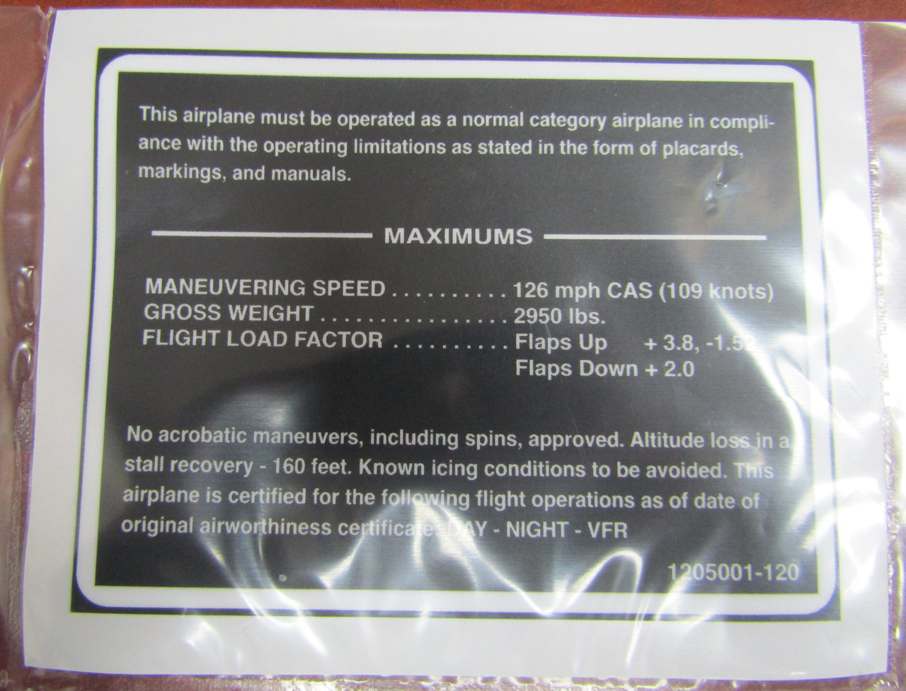 P1205001-120, Cessna 182P, Placard-Operational Limitations VFR, 1205001-120