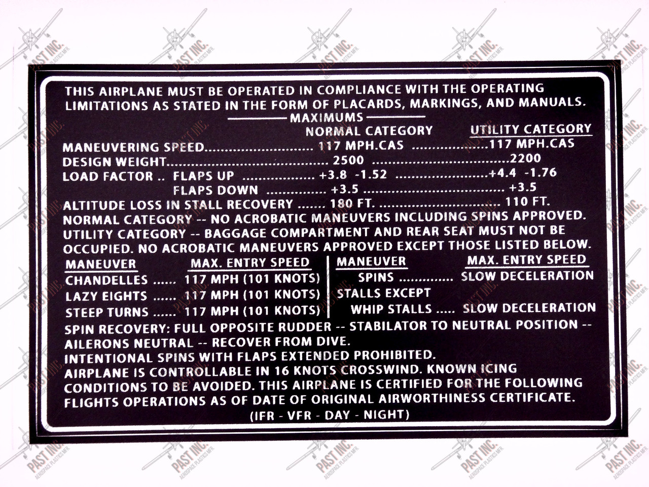 60057, Cessna 177, Operational Limitations Decal