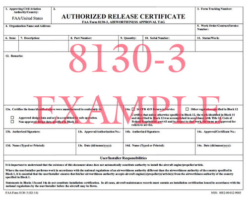 Foreign Export 8130-3 Airworthiness Approval Tag