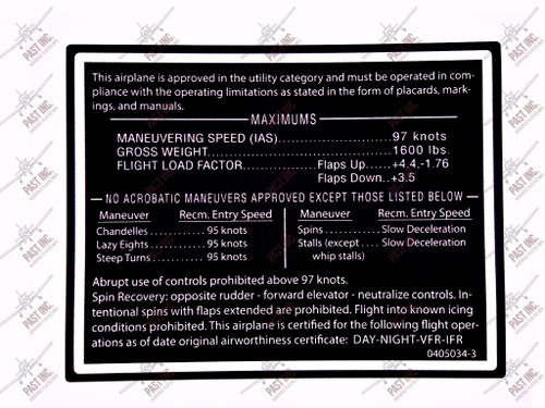 60151 OPERATIONAL LIMITATIONS DECAL FOR CESSNA PART P0414010-20 Headliner