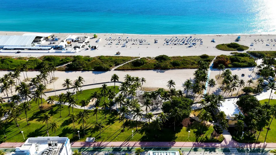 Mar turquesa, arena blanca y palmeras en South Beach