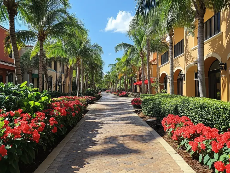 Paseo bordeado de palmeras y arquitectura de estilo Florida