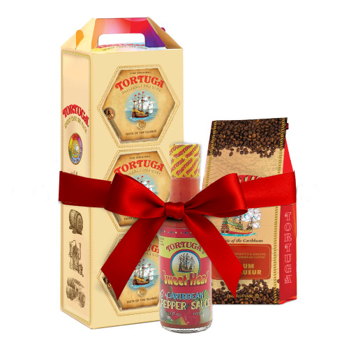 Tortuga 1 Golden Original Rum Cake 4oz 6pck + 1 Sweet Heat Caribbean Pepper Sauce + 1 Bag Rum Liqueur Coffee