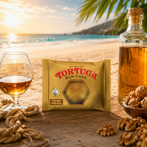 Tortuga Golden Original Snack Rum Cake in a tropical scene.