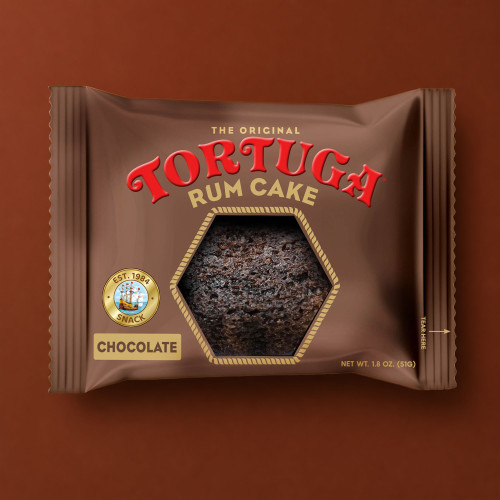 Tortuga Chocolate Snack Rum Cake in brown packaging.