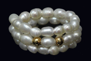 4mm Freshwater Pearl Memory Wire Ring 3pcs14K 585 Gold Beads (Free Size) , AA Grade Lustre [p206b]