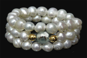 4mm Freshwater Pearl & Hematite Memory Wire Ring (Free Size) , AA Grade Lustre [p206c]