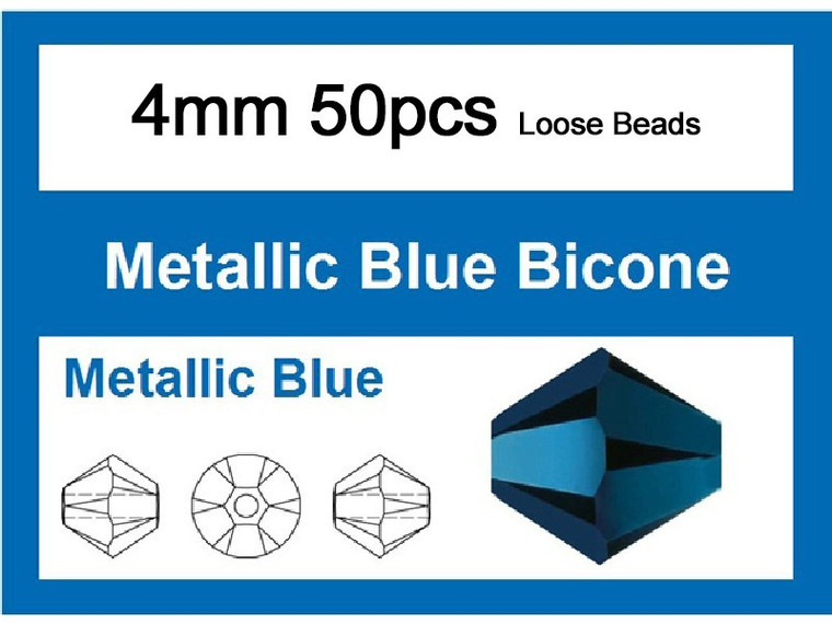 4mm Metallic Blue Crystal Faceted Bicone Loose Beads 50pcs. [iuc21b21]