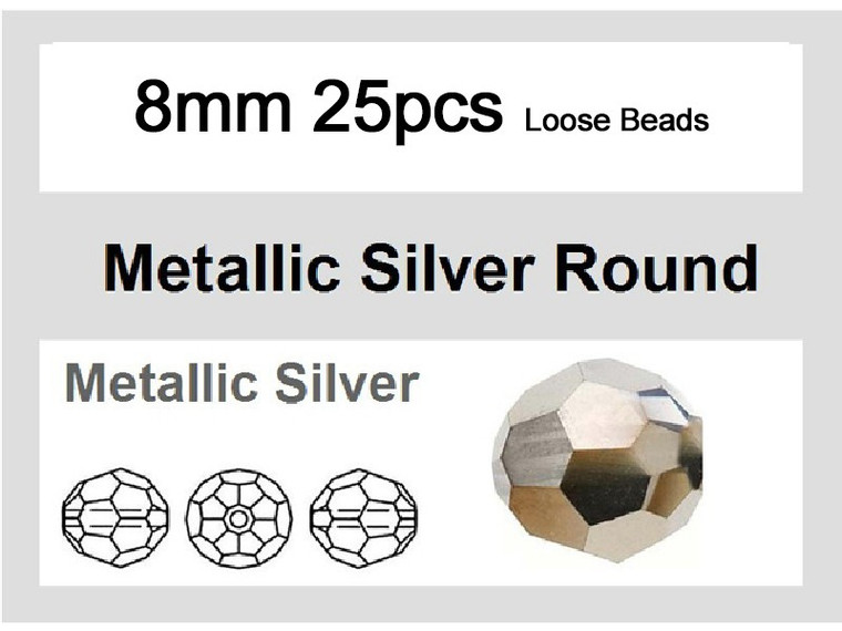8mm Metallic Silver Crystal Round Loose Beads 25pcs. [iuc8b16]