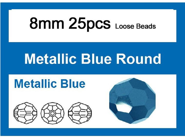 8mm Metallic Blue Crystal Round Loose Beads 25pcs. [iuc8b21]