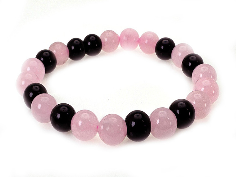 4mm Rose Quartz + Onyx Elastic Bracelet 7.5" [b1s9]