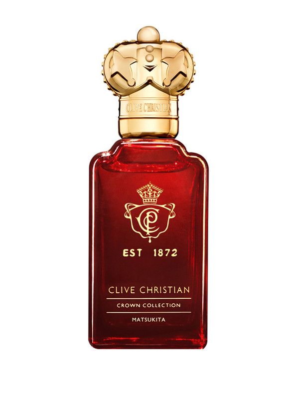 Clive Christian Matsukita Eau de Parfum Flakon – luxuriöser roter Kristallflakon mit goldenem Krone-Stopper, woody chypre Nischenduft mit Bergamotte, Mate-Tee, Jasmin und rauchigem Amber