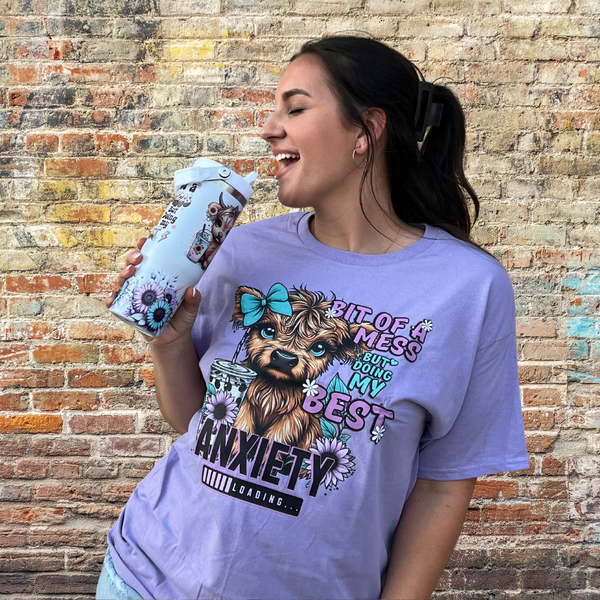 "A Bit of A Mess" anxiety cow T-shirt