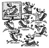 Aunt Martha’s #3216 Gay Colonial Miss iron-on embroidery transfer pattern featuring seven Days of the Week colonial girl designs for tea towels and kitchen decor.