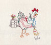 Aunt Martha’s 3753 Barnyard Happenings iron-on embroidery transfer featuring whimsical rooster Days of the Week designs for tea towels and kitchen décor.