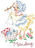 Aunt Martha’s 3753 Barnyard Happenings iron-on embroidery transfer featuring whimsical rooster Days of the Week designs for tea towels and kitchen décor.