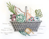 Aunt Martha’s #3757 Baskets of Vegetables iron-on embroidery transfer pattern featuring seven vintage Days of the Week designs with wicker baskets filled with assorted vegetables.
