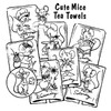 Aunt Martha’s® #3820 Mice Tea Towels iron-on embroidery transfer pattern featuring seven vintage Days of the Week designs of a happy whimsical mouse doing household chores