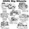 Aunt Martha's Hand Stitch Iron-on Embroidery Transfer Pattern #4026 Big Wheels. Truck, construction, and off-road vehicle designs for Quilt Blocks or Tea Towels.