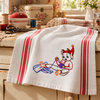 Vintage Days of the Week Gremlin hand embroidery designs stitched on white flour sack kitchen towels using Aunt Martha's® #3166 iron-on embroidery transfers.