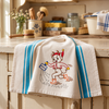 Vintage Days of the Week Gremlin hand embroidery designs stitched on white flour sack kitchen towels using Aunt Martha's® #3166 iron-on embroidery transfers.