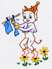 Seven vintage Days of the Week Gremlin embroidery designs depicting mischievous household spirits disrupting washing, ironing, mending, shopping, cleaning, baking, and resting.