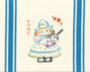 Vogart® Hand Stitch Iron-on Embroidery Transfer Pattern #672 Dutch Treat stitched onto Aunt Martha's® retro bold striped kitchen towels.