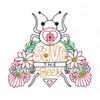 Stitcher’s Revolution SR49 Buzzing Bees iron-on embroidery transfer pattern featuring bees, hives, honey pots, flowers, and save the bees design.
