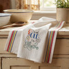 Stitcher’s Revolution® #SR53 I’m Not Old I’m Retro funny embroidery transfer pattern in multiple sizes for home decor projects stitched on Aunt Martha's® Vintage Multi Stripe dishtowels.