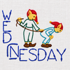 Seven vintage Days of the Week Brownie embroidery designs showing washing, ironing, mending, shopping, cleaning, baking, and resting.