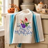 Vintage Days of the Week Brownies hand embroidery designs stitched on flour sack kitchen tea towels using Aunt Martha's® #3563 iron-on transfers.