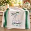 Vintage Days of the Week Pixie embroidery designs hand stitched on white flour sack kitchen tea towels using Aunt Martha's® #699 iron-on embroidery transfers.