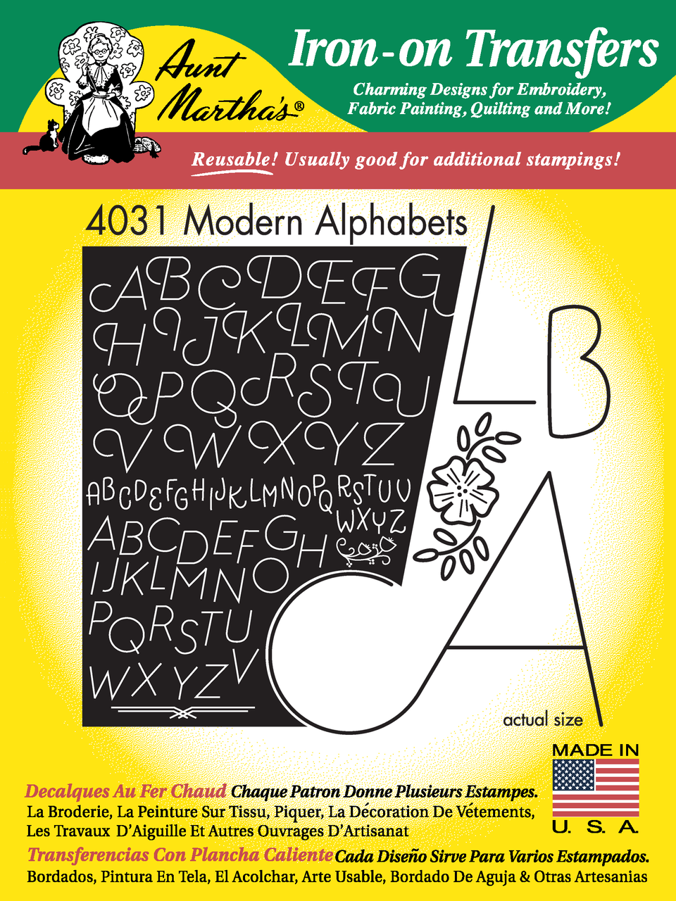 Aunt Martha's Hot Iron Transfers 3790 Four Animals and an Alphabet Size:  One Uncut Sewing Pattern