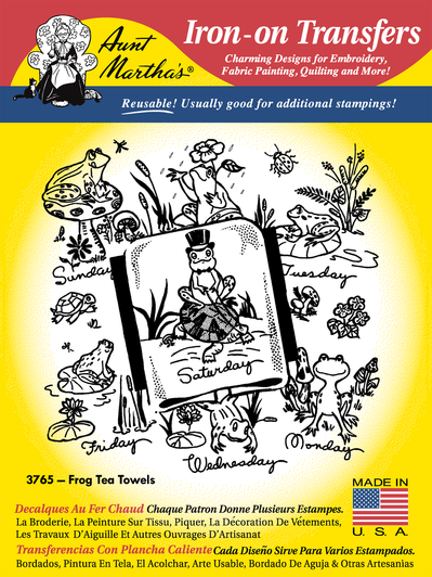 Aunt Martha's® Hand Stitch Iron-on Embroidery Transfer Pattern #3765 Frog Tea Towels Days of the Week (DOW)