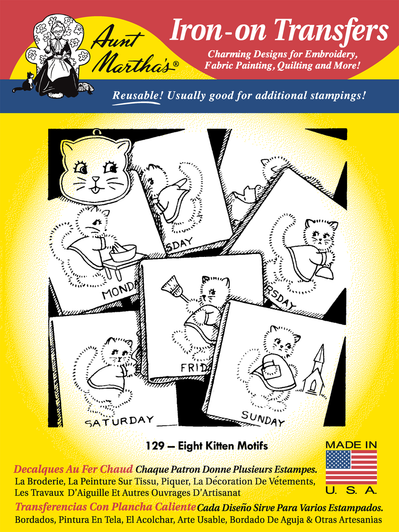 Aunt Martha's® Hand Stitch Iron-on Embroidery Transfer Pattern #129 Eight Kitten Motifs.