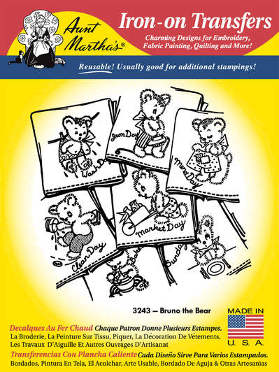 Aunt Martha’s Bruno the Bear Days of the Week iron-on embroidery transfer pattern with vintage bear chore designs (RETAIL FRONT).