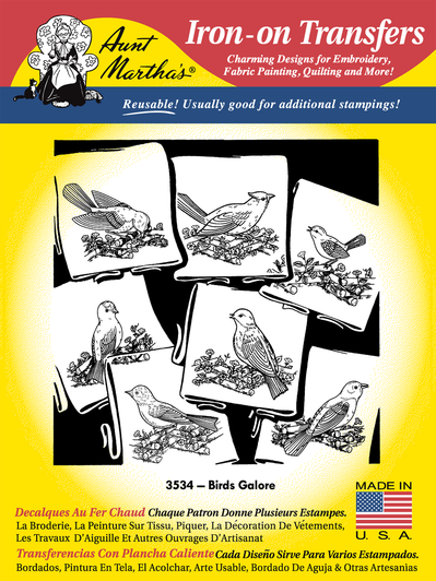 Aunt Martha’s #3534 Birds Galore iron-on embroidery transfer pattern featuring seven vintage bird designs perched on fences for days-of-the-week tea towels (RETAIL FRONT).