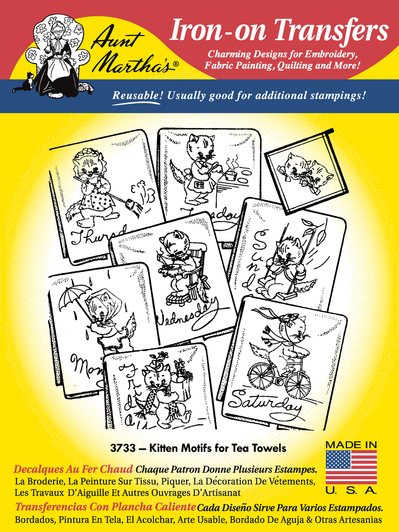 Aunt Martha’s #3733 kitten motifs iron-on embroidery transfer pattern featuring seven days of the week kitten designs for tea towels (RETAIL FRONT).
