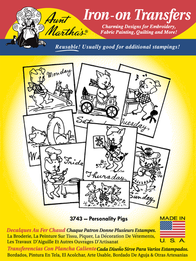 Aunt Martha's® Hand Stitch Iron-on Embroidery Transfer Pattern #3743 Personality Pigs.