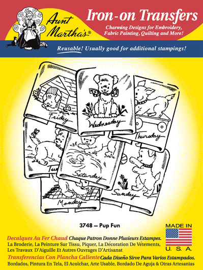 Aunt Martha's® Hand Stitch Iron-on Embroidery Transfer Pattern #3748 Pup Fun.