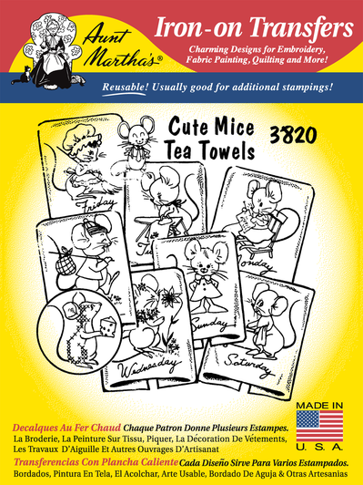 Aunt Martha’s® #3820 Mice Tea Towels iron-on embroidery transfer pattern featuring seven vintage Days of the Week designs of a happy whimsical mouse doing household chores