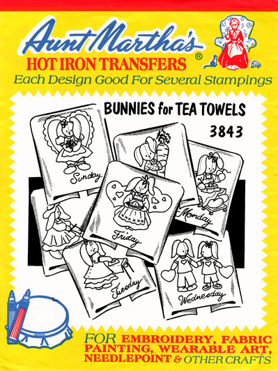 Aunt Martha's Hand Stitch Embroidery Transfer Pattern #3843 Bunnies for Tea Towels