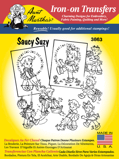 Aunt Martha’s® #3863 Saucy Suzy iron-on embroidery transfer pattern featuring seven vintage Days of the Week designs of a sassy little girl doing household chores and playful mischief.