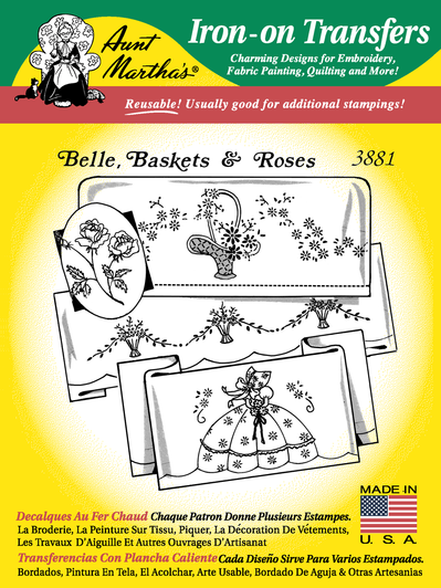 Aunt Martha's Embroidery Transfer Pattern #3881 Belle, Baskets, & Rose