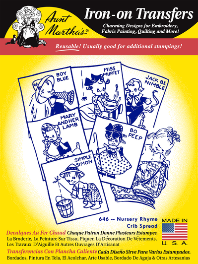 Aunt Martha's® Iron-on Embroidery Transfer Pattern #646 Nursery Rhymes Crib Spread (RETAIL FRONT)