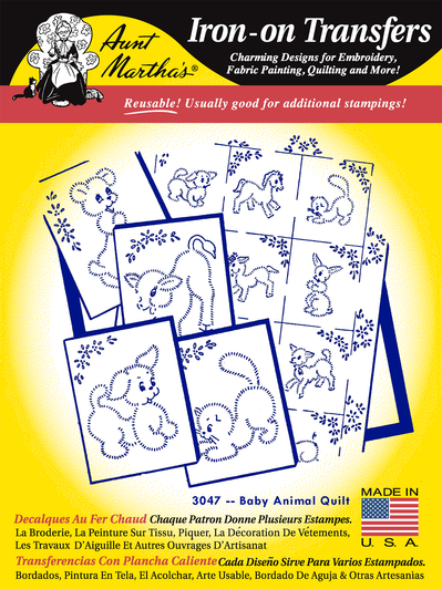 Aunt Martha's® Iron-on Embroidery Transfer Pattern #3047 Baby Animal Quilt (RETAIL FRONT)