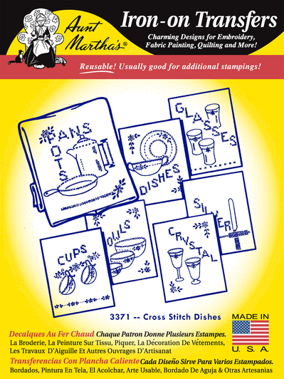 Aunt Martha's® Iron-on Hand Stitch Embroidery Transfer Pattern #3371 Cross Stitch Dishes (RETAIL FRONT)