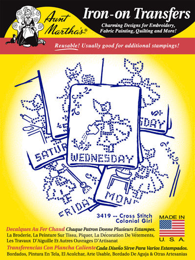 Aunt Martha's® Iron-on Hand Stitch Embroidery Transfer Pattern #3419 Cross Stitch Colonial Girl (RETAIL FRONT)